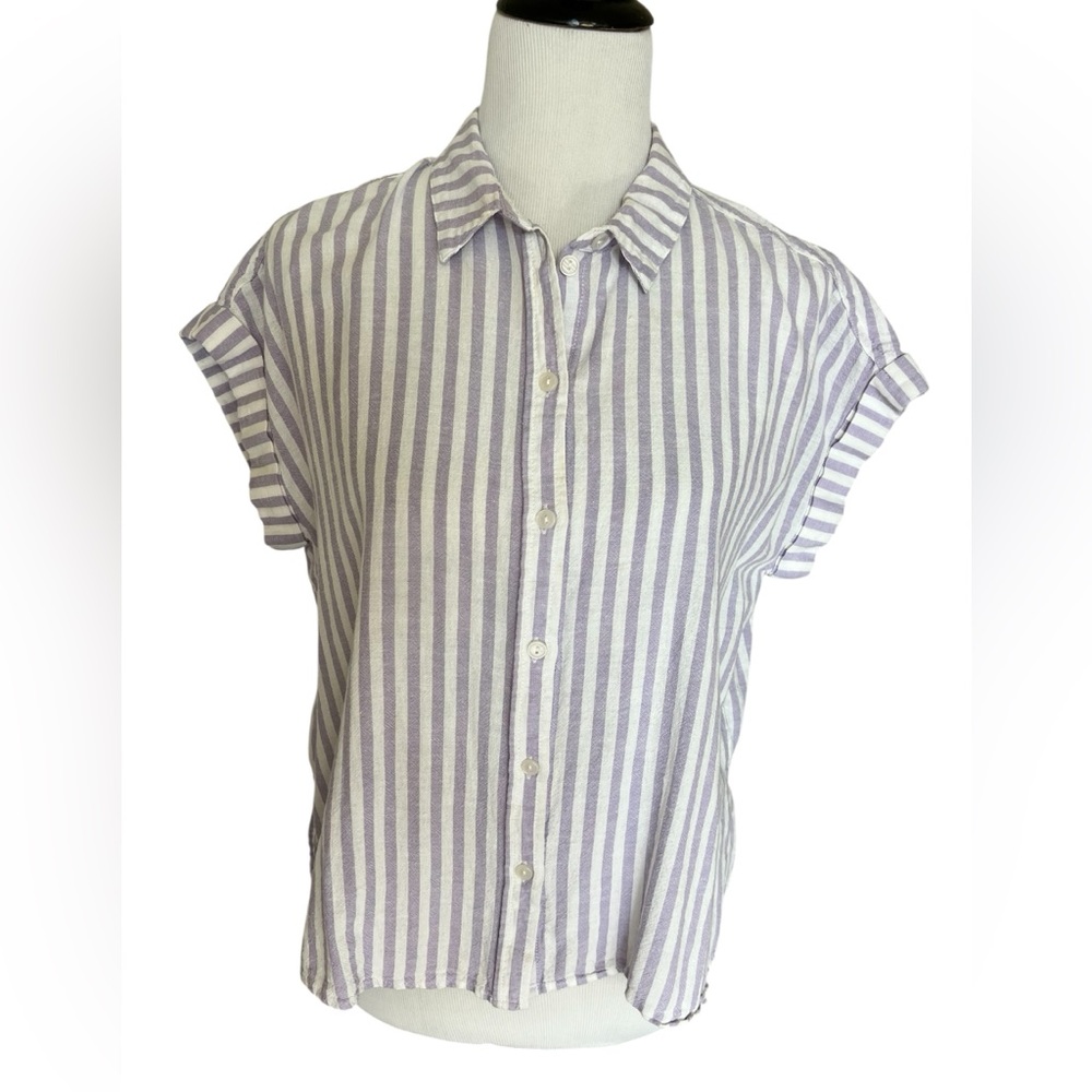 Sanctuary Cotton & Linen Blend Striped Button Front Shirt Light Purple